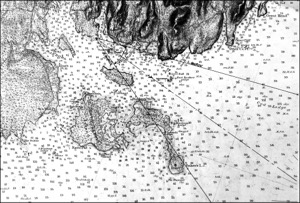 Bear Island from Western Side of N. East Harbour, 1855 (inv. 136). Viewpoint chart showing Lane's location when making this image
