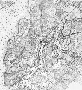 Majebigweduer Narrows from North Castine, 1850 (inv. 167). Viewpoint diagram showing Lane's location when making this drawing.