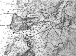Castine from Heights East of Negro Island, 1855 (inv. 168). Viewpoint map showing Lane's location when making this drawing (detail)