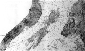 Castine from Heights East of Negro Island, 1855 (inv. 168). Viewpoint map showing Lane's location when making this drawing (overall view)
Note: Lane's high perch on a hill east of Negro Island allowed him to see over North Isleboro (then called Long Island) to the western shore of Penobscot Bay and the Camden Hills. Mount Megunticook is clearly seen in the left quarter of the drawing's background. Lesser peaks are visible in the middle-left quarter, while yet-lower hills are visible in the two right quarters. It is approximately 20 miles from where Lane made his drawing to Camden Harbor.
E.R.