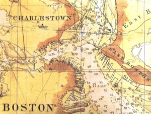 The Midshipman's Farewell, n.d. (inv. 566). Detail from "Comparative Map of Boston Harbor" (1860)
From surveys made in 1817 (shore lines and soundings in red) and 1846 – 53 (shore lines and soundings in black) executed by the U.S. Coast Survey for the U. S. Commissioners on Boston Harbor.
