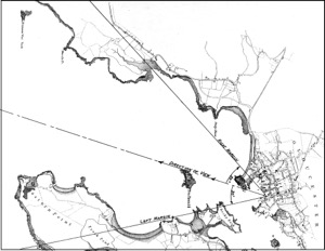 The Fort and Ten Pound Island, Gloucester (Harbor Scene), 1848 (inv. 58). Viewpoint chart showing Lane's location when making this image (overall view)