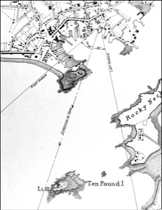 The Fort and Ten Pound Island, Gloucester (Harbor Scene), 1848 (inv. 58). Viewpoint chart showing Lane's location when making this image (close-up view)