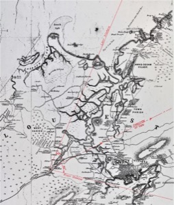 Lanesville, The Mill, 1849 (inv. 93). Viewpoint map (derived from "Map of the Towns of Gloucester and Rockport" by H.F. Walling, 1851)