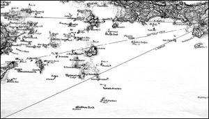 View from Kettle Cove, Manchester-by-the-Sea, 1847 (inv. 94). Viewpoint map showing Lane's location when making this image