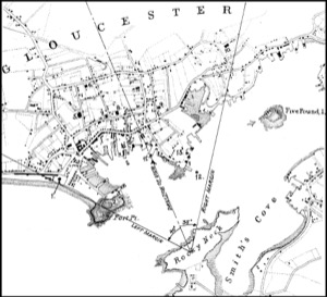 Gloucester Harbor from Rocky Neck, 1844 (inv. 14). Viewpoint chart showing Lane's location when making this image