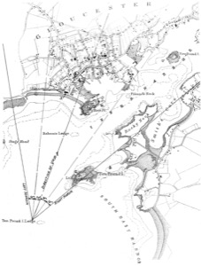 Sketch from Gloucester Outer Harbor, 1863 (inv. 145). Viewpoint map showing Lane's location when making this drawing
