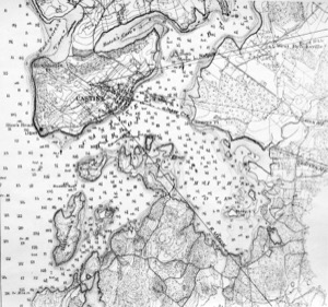 Castine from Fort George, 1850 (inv. 208). Viewpoint diagram to show Lane's location when making the drawing (overview)