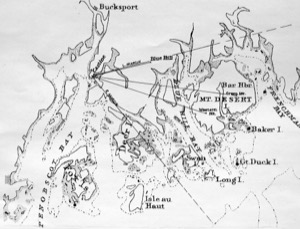 Castine from Fort George, 1850 (inv. 208). Viewpoint diagram to show Lane's location when making the drawing (detail)