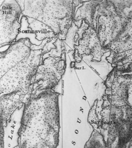 View of Bar Island and Mount Desert Mountains, from the Bay in Front of Somes Settlement, 1850 (inv. 177). Chart showing Lane's location when making this drawing (detail)