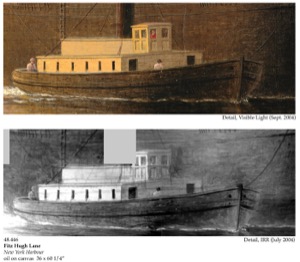 New York Harbor, c.1855 (inv. 46). New York Harbor and infrared image (details of tugboat)
