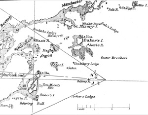 Becalmed Off Halfway Rock, 1860 (inv. 344). Proposed viewpoint of Lane when creating the picture. Viewpoint plottings by Erik Ronnberg using U.S. Coast Survey sketch chart of Gloucester Harbor 1855.