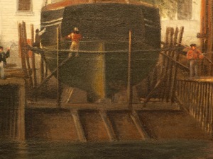 Three Master on the Gloucester Railways, 1857 (inv. 29). Detail of painting showing construction of marine railway