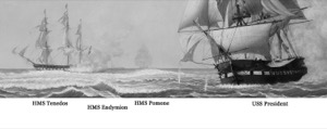 The United States Frigate "President" Engaging the British Squadron, 1815, 1850 (inv. 405). Key to vessel names