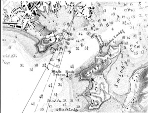 Ships in Ice off Ten Pound Island, Gloucester, 1850s (inv. 44). Proposed viewpoint of Lane when creating the picture. Viewpoint plottings by Erik Ronnberg using U.S. Coast Survey sketch chart of Gloucester Harbor 1855. Chart shows limit of ice in the winter of 1855.