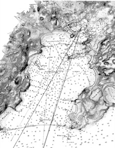 Ships in Ice off Ten Pound Island, Gloucester, 1850s (inv. 44). Proposed viewpoint of Lane when creating the picture. Viewpoint plottings by Erik Ronnberg using U.S. Coast Survey sketch chart of Gloucester Harbor 1855.