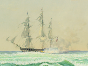 The United States Frigate "President" Engaging the British Squadron, 1815, 1850 (inv. 405). Detail showing British vessel firing on President. Red ensign is partially obscured by smoke.