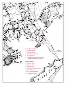Three Master on the Gloucester Railways, 1857 (inv. 29). Viewpoint chart showing location of buildings in Lane's painting.