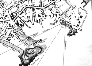 The Fort and Ten Pound Island, Gloucester, Massachusetts, 1847 (inv. 271). Proposed viewpoint of Lane when creating the picture. Viewpoint plottings by Erik Ronnberg using U.S. Coast Survey sketch chart of Gloucester Harbor 1855 (detail.)