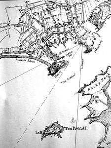 The Fort and Ten Pound Island, Gloucester, Massachusetts, 1847 (inv. 271). Proposed viewpoint of Lane when creating the picture. Viewpoint plottings by Erik Ronnberg using U.S. Coast Survey sketch chart of Gloucester Harbor 1855.