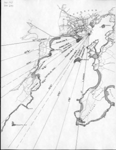 View in Gloucester Harbor, 1850s (inv. 143). Proposed viewpoint of Lane when creating the drawing. Viewpoint plottings by Erik Ronnberg using U.S. Coast Survey sketch chart of Gloucester Harbor 1855.