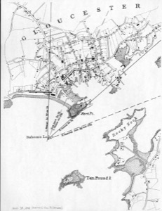 Gloucester Harbor, 1852 (inv. 38). Proposed viewpoint of Lane when creating the picture. Viewpoint plottings by Erik Ronnberg using U.S. Coast Survey sketch chart of Gloucester Harbor 1855.