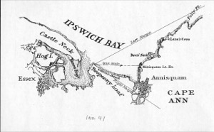View of Coffin's Beach, 1862 (inv. 41). Proposed viewpoint of Lane when creating the picture. Viewpoint plottings by Erik Ronnberg using U.S. Coast Survey sketch chart of Gloucester Harbor 1855.