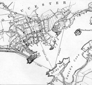 View of Gloucester, 1859 (inv. 446). Viewpoint map showing Lane's viewpoint when creating the lithograph