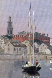 Gloucester Harbor, 1852 (inv. 38). Detail showing Universalist Church and Gloucester House, with a schooner yacht in the foreground