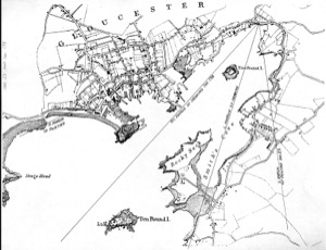 Gloucester Harbor, 1847 (inv. 23). Proposed viewpoint of Lane when creating the picture. Viewpoint plottings by Erik Ronnberg using U.S. Coast Survey sketch chart of Gloucester Harbor 1855.