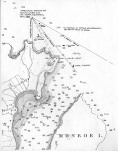 Owl's Head Light, Rockland, Maine, c.1856 (inv. 213). Proposed viewpoint of Lane when he created the picture. Viewpoint plottings by Erik Ronnberg using the 1875 U.S. Coast Survey chart of Mount Desert Island.