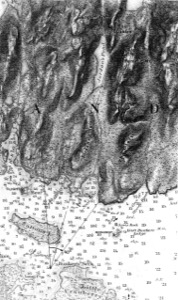 Mount Desert Sketch, 1850s (inv. 185). Viewpoint chart showing Lane's location when making the drawing.