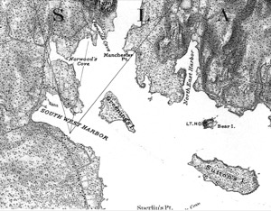 Off Mount Desert Island, Maine, 1850–60 (inv. 263). Proposed viewpoint of Lane when creating the picture. Viewpoint plottings by Erik Ronnberg using the 1875 U.S. Coast Survey chart of Mount Desert Island.