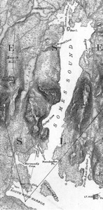 Off Mount Desert Island, Maine, 1850–60 (inv. 263). Proposed viewpoint of Lane when creating the picture. (detail.) Viewpoint plottings by Erik Ronnberg using the 1875 U.S. Coast Survey chart of Mount Desert Island.