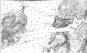 Castine Harbor and Town, 1851 (inv. 272). Proposed viewpoint of Lane when creating the picture. Viewpoint plottings by Erik Ronnberg using the 1879 U.S. Coast Survey chart of Camden and Rockport, Maine.