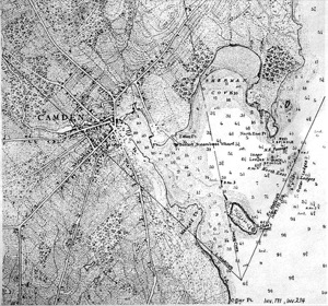 Camden Mountains from the South Entrance to Harbor, 1855 (inv. 171). Proposed viewpoint of Lane when creating the picture. Viewpoint plottings by Erik Ronnberg using the 1876 U.S. Coast Survey chart of Penobscot Bay.