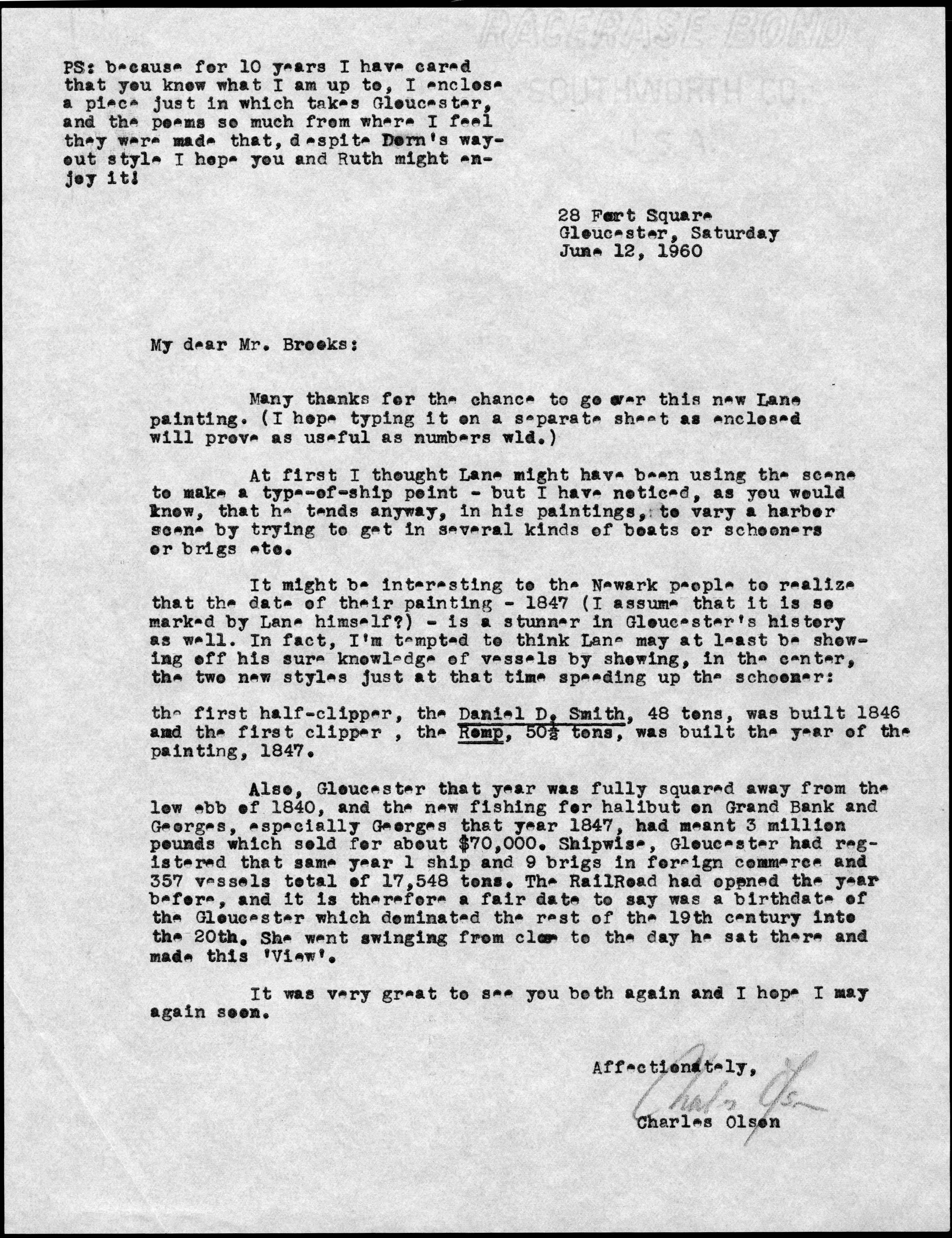 Letter: Letter from poet Charles Olson to Alfred Mansfield Brooks, June 12, 1960, published in Charles Olson: Letters Home 1949-1969, edited by David Rich, published by Cape Ann Museum, 2010.
