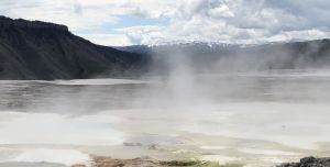 The Emerald Pool, ca. 1895 (OP.1312). Fig. 1. Mammoth Terraces Trail, Yellowstone National Park, with Mount Everts at left