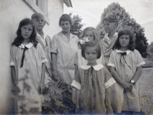 Portrait of Jean Bredin as a Little Girl, c.1919 (JFF.1506). Jean (l) and Barbara Bredin (r) in matching outfits, with Joan (front)  and Beth Folinsbee (behind Joan), ca. 1925