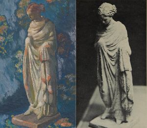 -PS 418 (detail) - Photograph of the Tanagra figurine reproduced in Theodore Pitcairn&rsquo;s book.