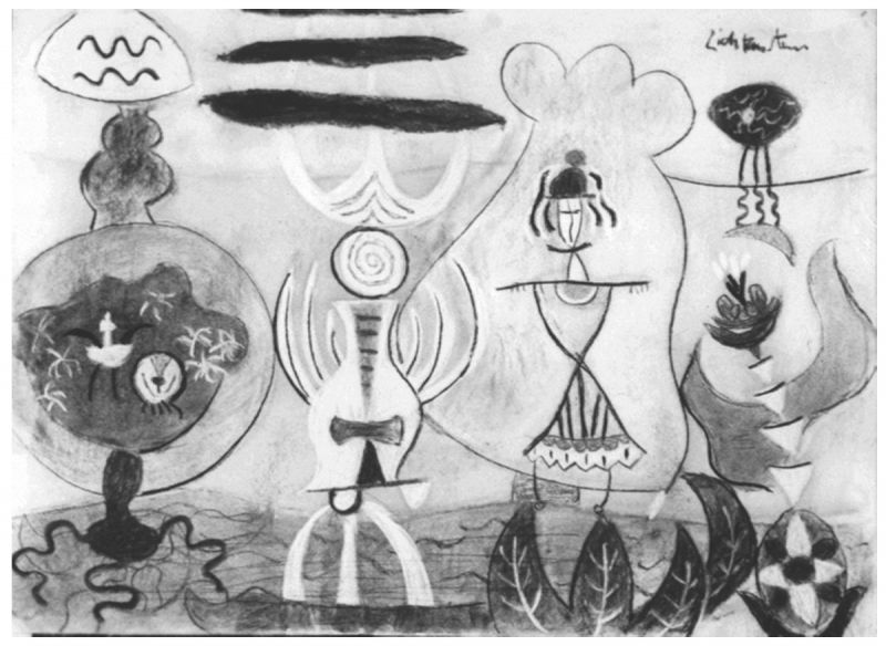 Artwork: Figures in Garden, c. 1949 (RLCR 145) Photo: Courtesy RLF Archives Black-and-white image