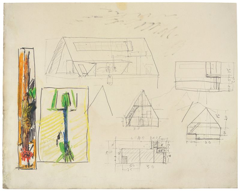 Artwork: Indian Sculpture and Attic Conversion (Studies), c. 1950–53 (RLCR 261)