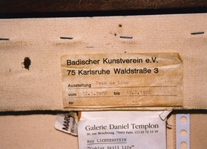 Cubist Still Life, 1974 (RLCR 2263). Badischer Kunstverein exhibition label on stretcher, erroneously attached to this painting instead of RLCR 1432, Modern Painting with Yellow Arrow, 1967, in the same private collection