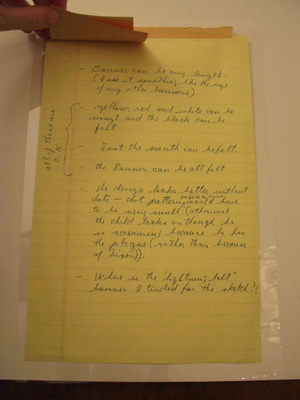 Help!! Banner (Studies), c. 1972 (RLCR 2026.1-2). Directions by the artist for banner fabrication attached to backing board. The drawing mentioned in regard to a trade has not been identified.