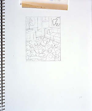 Interior with Matisse Carpet (Study), 1997 (RLCR 4749.3). Graphite pencil drawing beneath tracing paper