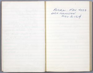 Ryman Group Sketchbook, Drawings in this book c. 1964–68 (RLCR 1014). Contact information for gallerist [Ralph] Ricke and artist Dick [Richard] Hamilton, written by Dorothy Lichtenstein (page 2)