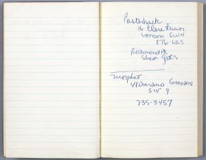 Ryman Group Sketchbook, Drawings in this book c. 1964–68 (RLCR 1014). Notes written by Dorothy Lichtenstein: addresses for family in London and for Richard Morphet, a Tate Gallery curator (page 3)