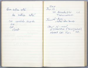Ryman Group Sketchbook, Drawings in this book c. 1964–68 (RLCR 1014). French expressions written by an unknown hand (page 3v); notes written by Dorothy Lichtenstein regarding a trip to Morocco made in January 1968 (page 4)
