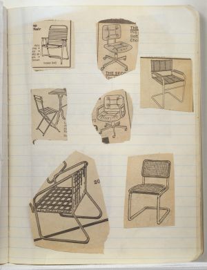 Rooms Compositions Notebook, Collage on back cover c. 1980s; drawing in book c. 1988–91 (RLCR 3083). Page 1r