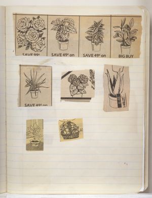 Rooms Compositions Notebook, Collage on back cover c. 1980s; drawing in book c. 1988–91 (RLCR 3083). Page 4r